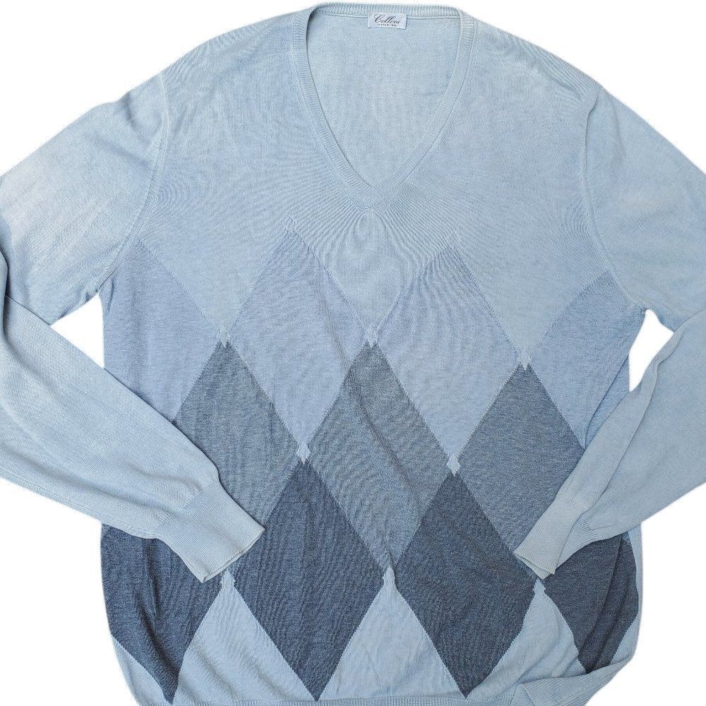 Cellini Mens sz XL/56 100% Cotton V Neck Argyle Sweater lightweight preppy Italy